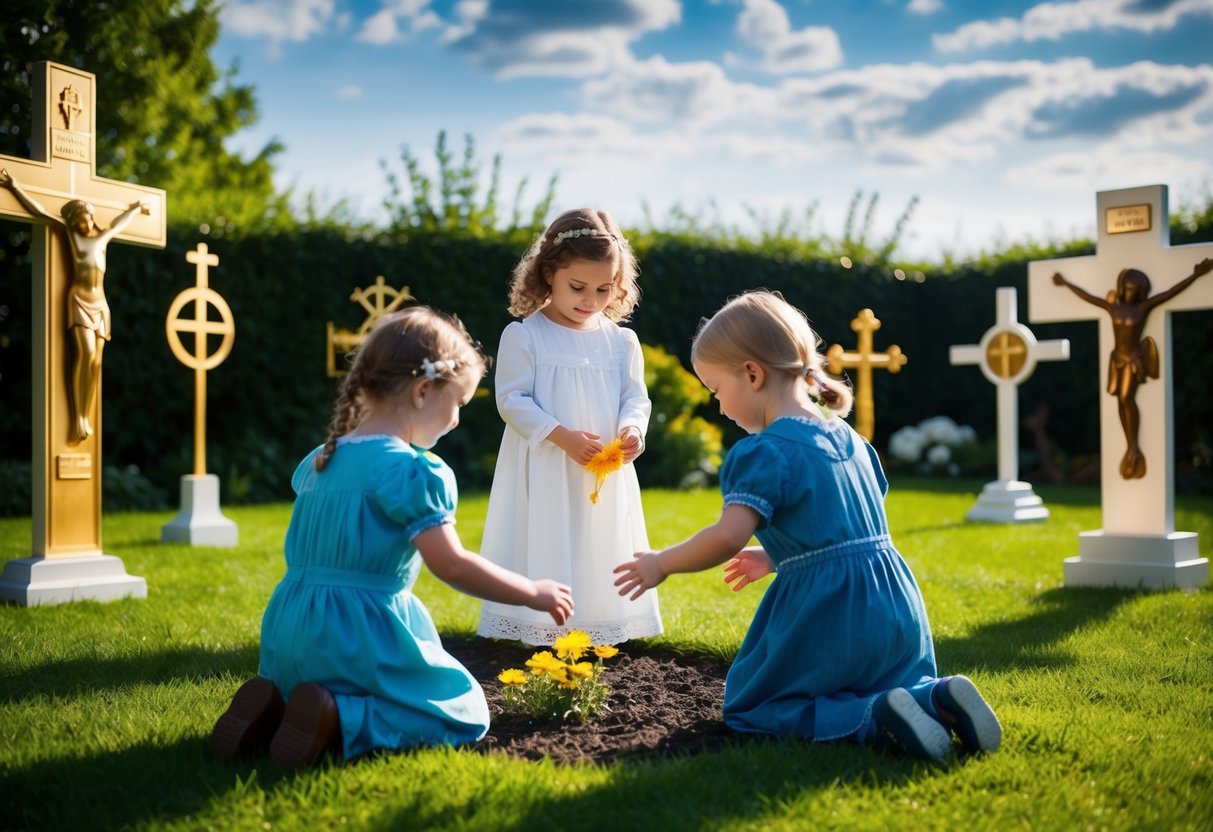 Mary's children playing in a garden, surrounded by symbols of different theological perspectives