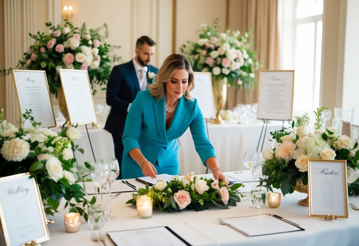 A busy wedding planner organizing a luxurious event with floral arrangements, seating charts, and elegant decor