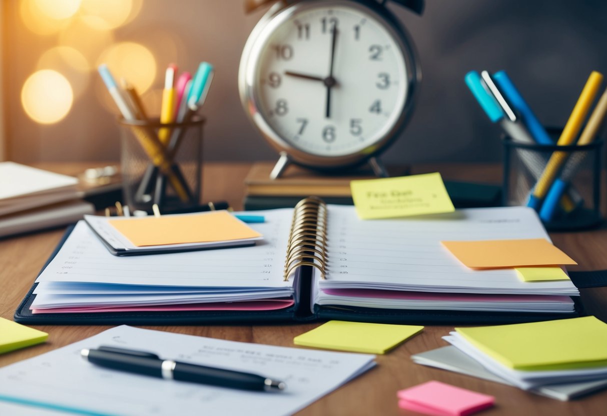 An open planner scattered with papers, pens, and sticky notes. A clock ticking in the background as items are misplaced and forgotten