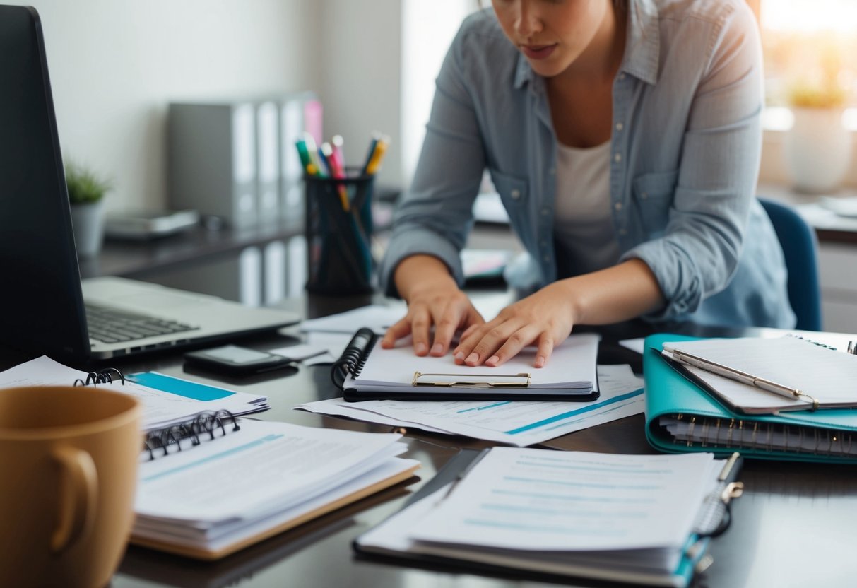 A cluttered desk with scattered papers and a disorganized planner. A person appears frustrated while trying to focus on the planner