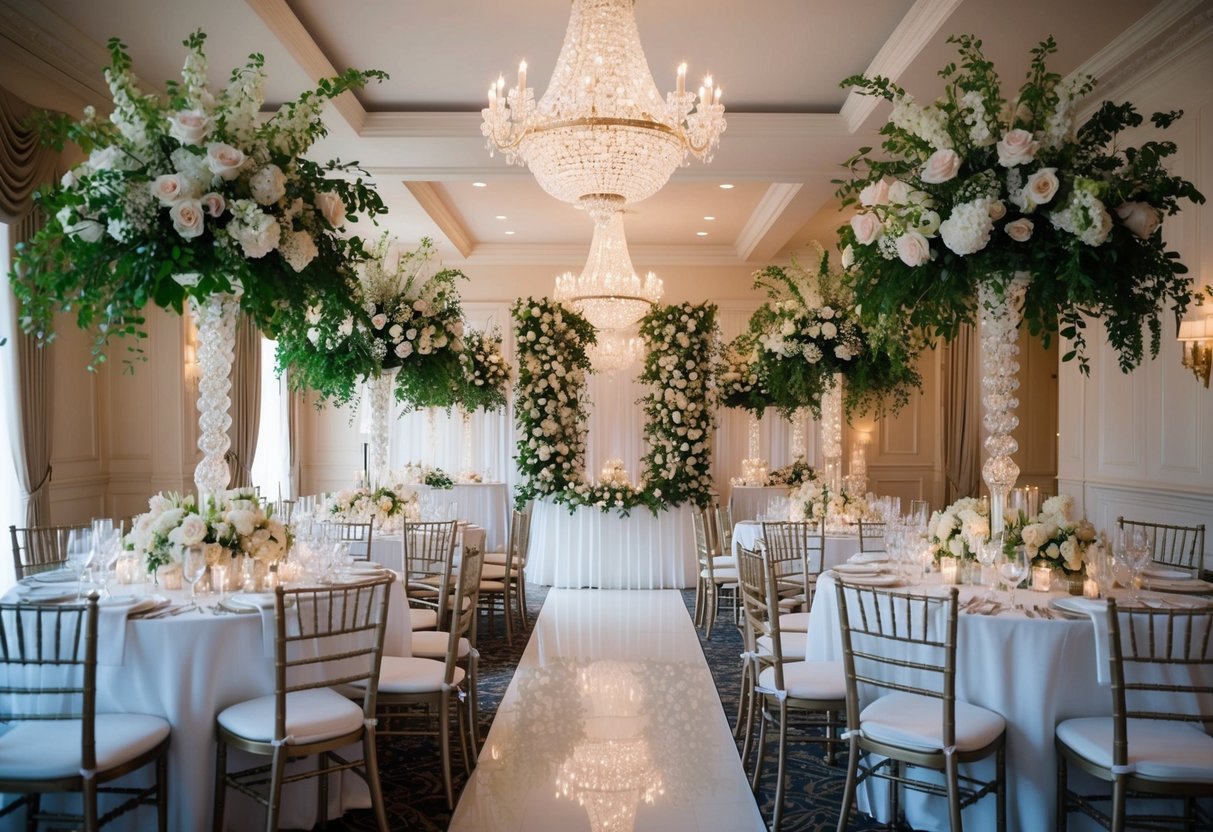 A luxurious wedding venue with elegant decor and intricate floral arrangements, reflecting the expertise of Chelsea Clinton's wedding planner