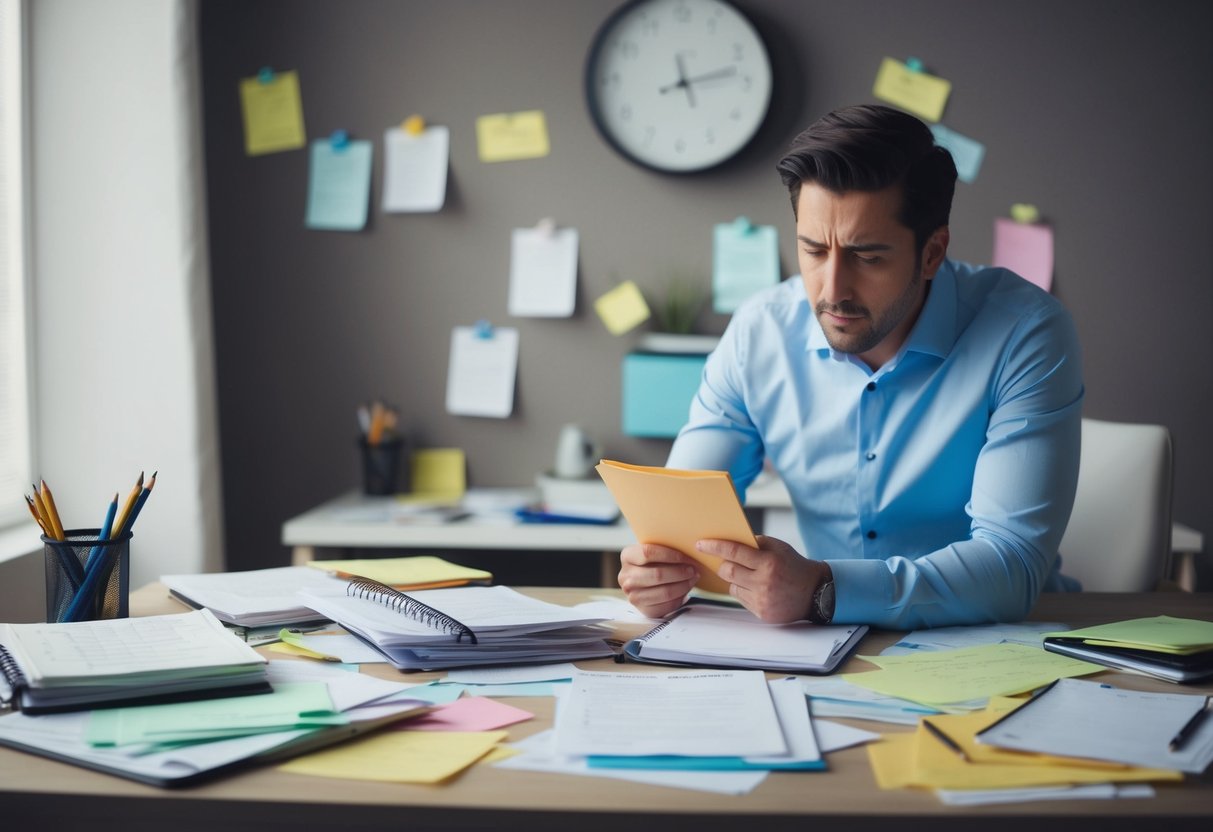 A cluttered desk with scattered papers and unfinished to-do lists, a clock ticking in the background, and a frustrated individual staring at a blank planner