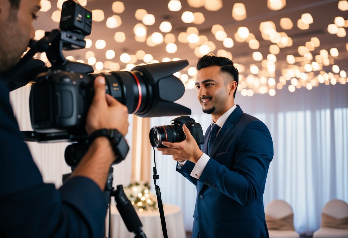 A wedding photographer setting up a camera and adjusting lighting