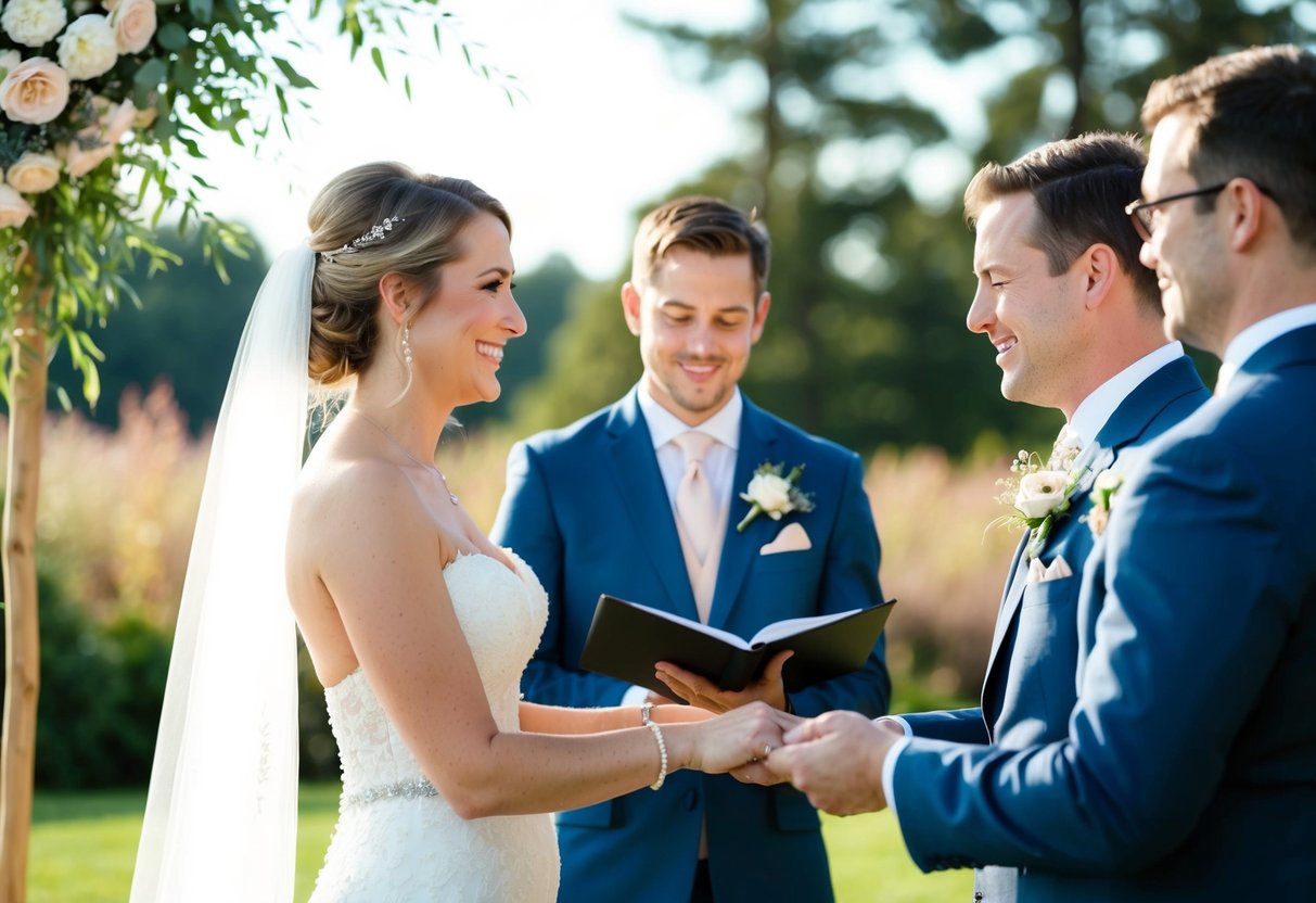 A wedding photographer capturing a couple exchanging vows in a beautiful outdoor setting, with a focus on attention to detail and capturing candid moments