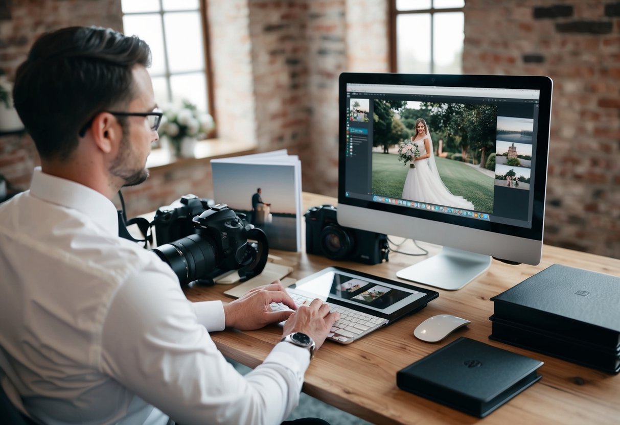 A wedding photographer editing photos on a computer, surrounded by camera equipment and wedding albums