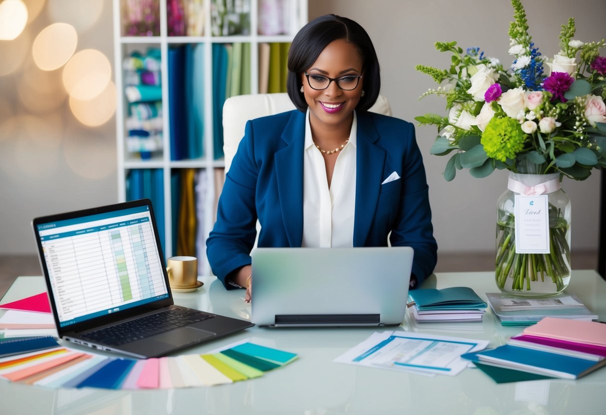 A wedding planner sits at a desk, surrounded by color swatches, fabric samples, and floral arrangements. A laptop is open, displaying a schedule and budget spreadsheet