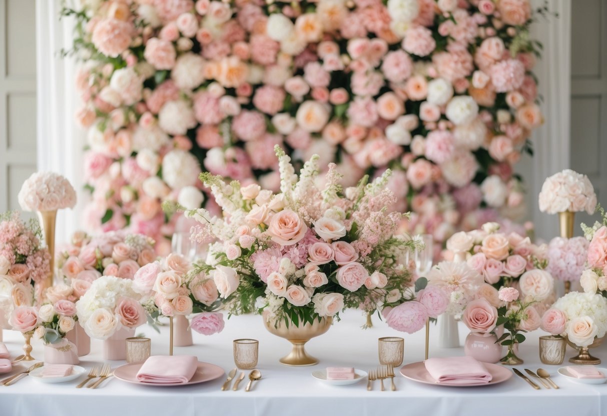 A vibrant array of pastel flowers and decor in shades of soft pink, blush, and ivory, creating a romantic and elegant wedding setting