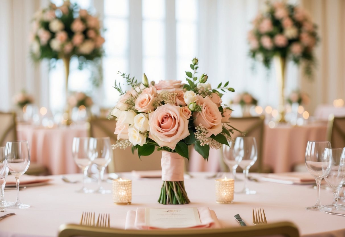 A romantic wedding setting with a dominant color of soft blush pink, complemented by accents of gold and ivory