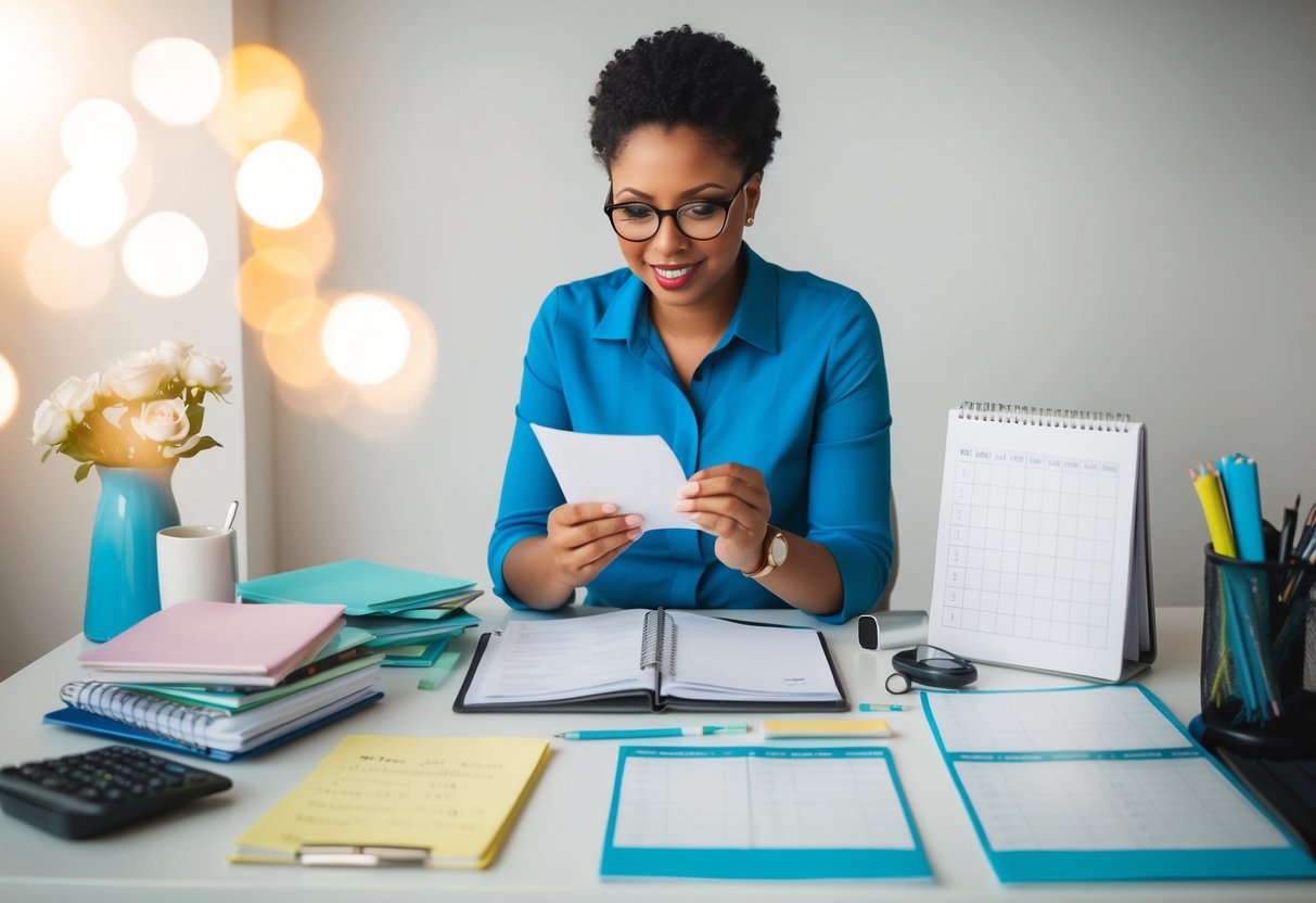 A person weighing the options of hiring a wedding planner, surrounded by a cluttered desk with lists and a calendar