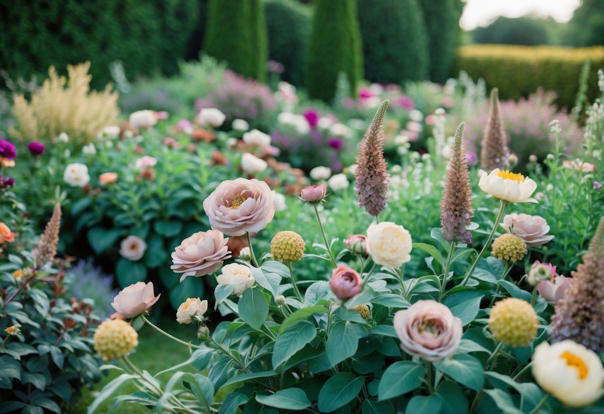 A lush garden filled with vibrant flowers in shades of dusty rose and sage green, with touches of gold and ivory accents