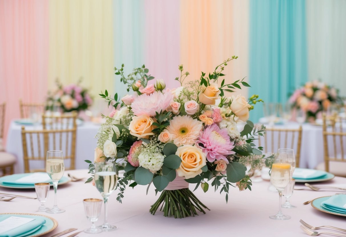A vibrant wedding scene with a dominant color palette of soft pastel tones, featuring delicate floral arrangements, elegant table settings, and a romantic atmosphere