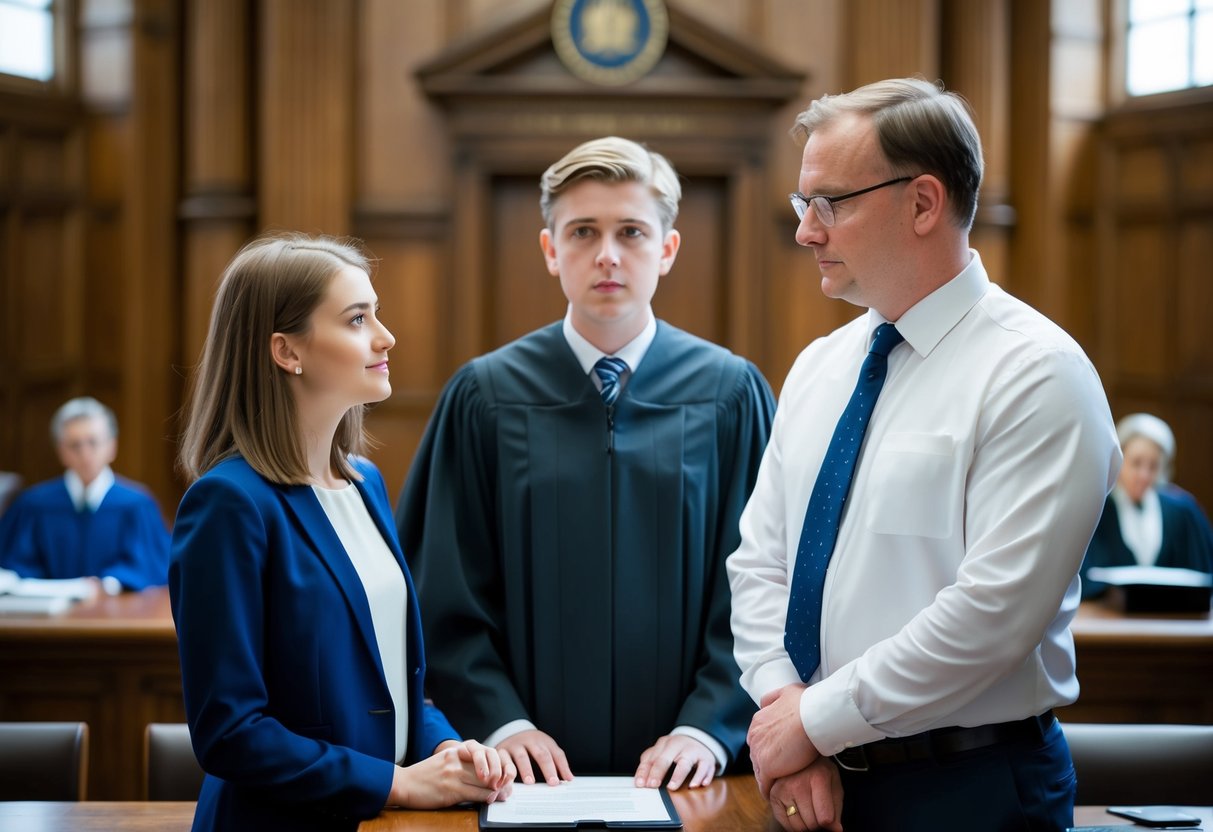 A 16-year-old and a 40-year-old stand before a judge in a courtroom, discussing the legal framework of marrying young in the UK