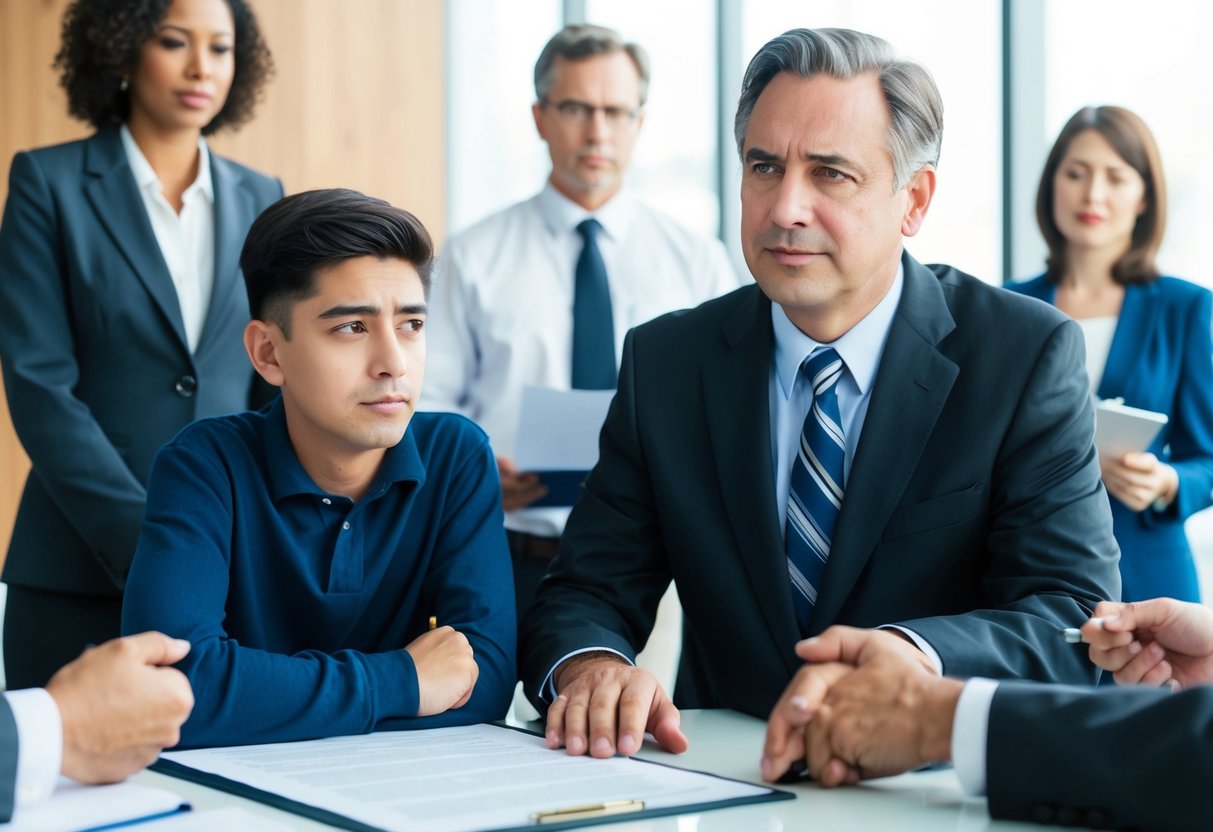 A 16-year-old and a 40-year-old stand before a legal document, surrounded by a lawyer and witnesses. The younger person looks hesitant, while the older person appears confident