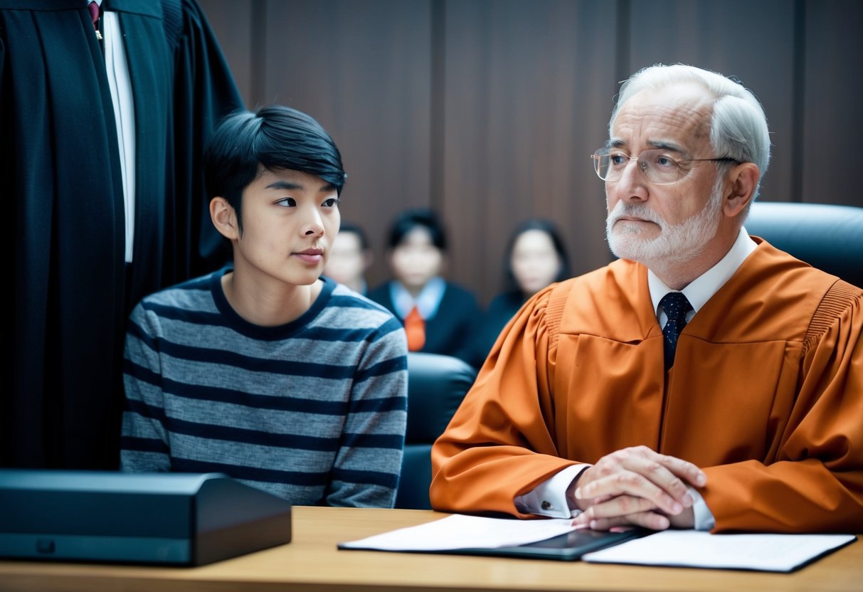 A courtroom with a judge, a young person, and an older person. The young person looks vulnerable while the older person appears imposing