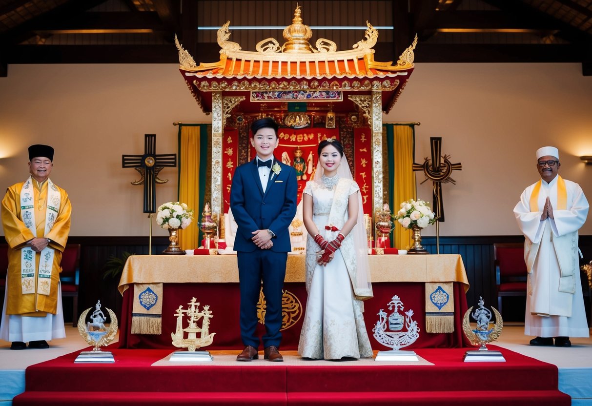 A 16-year-old and a 40-year-old stand before a traditional wedding altar, surrounded by symbols of their respective cultures and religions