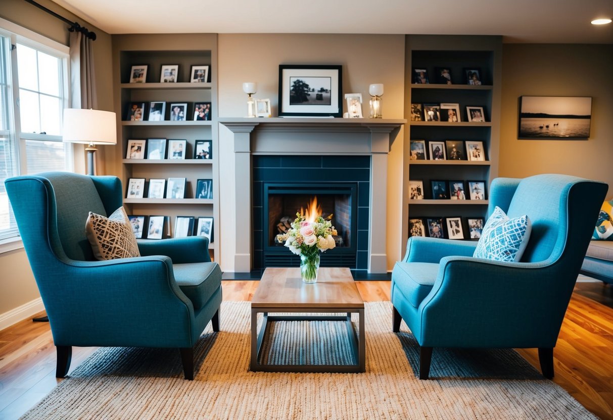 A cozy living room with a fireplace, two armchairs facing each other, a coffee table with a vase of flowers, and a shelf filled with photo albums