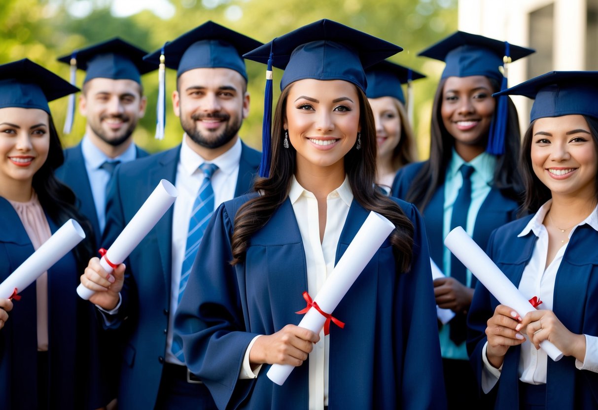 A group of event planning professionals holding diplomas and wearing graduation caps