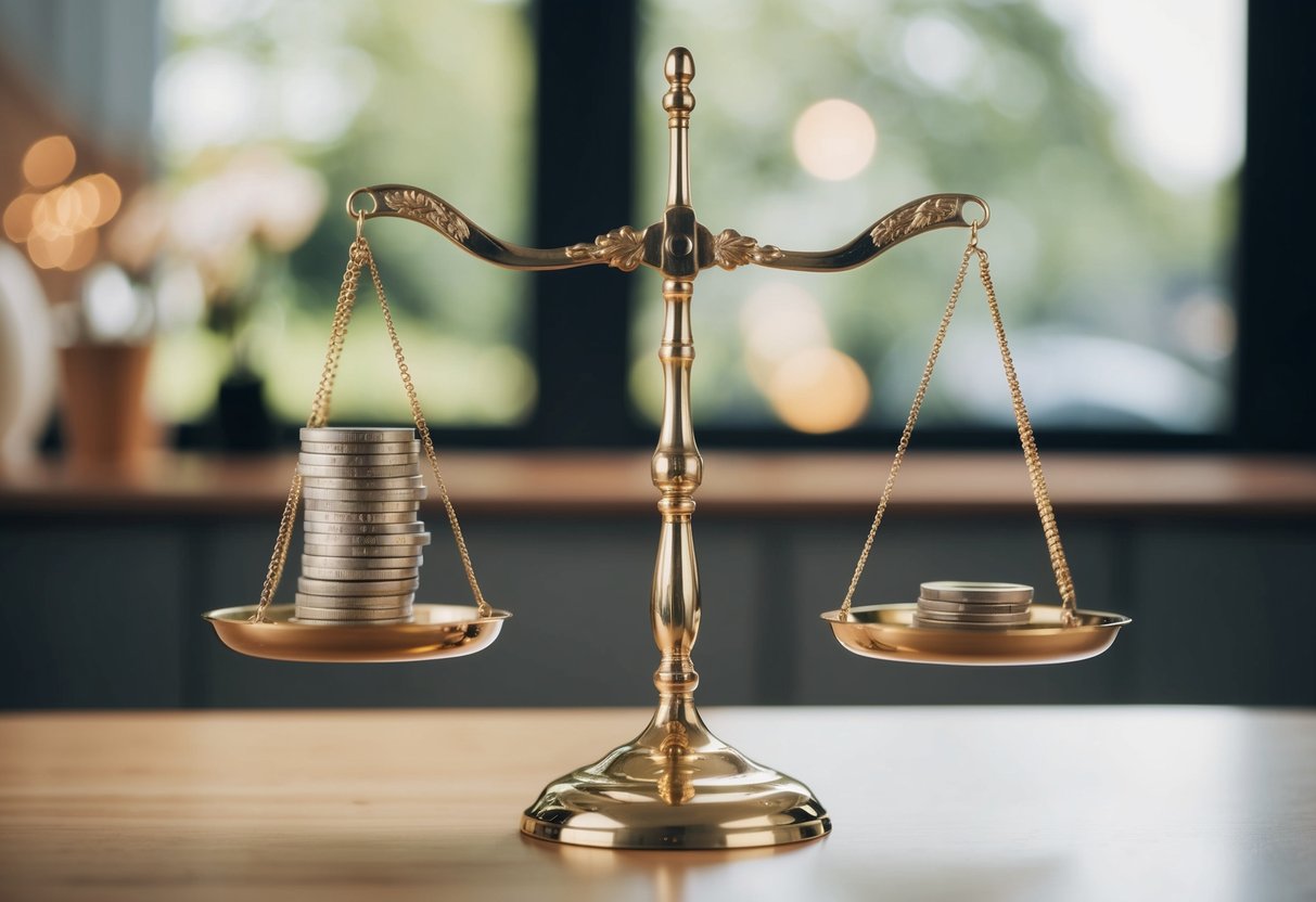 A scale balancing assets and finances, with one side weighted down by 30 years of marriage and the other side representing entitlements in the UK