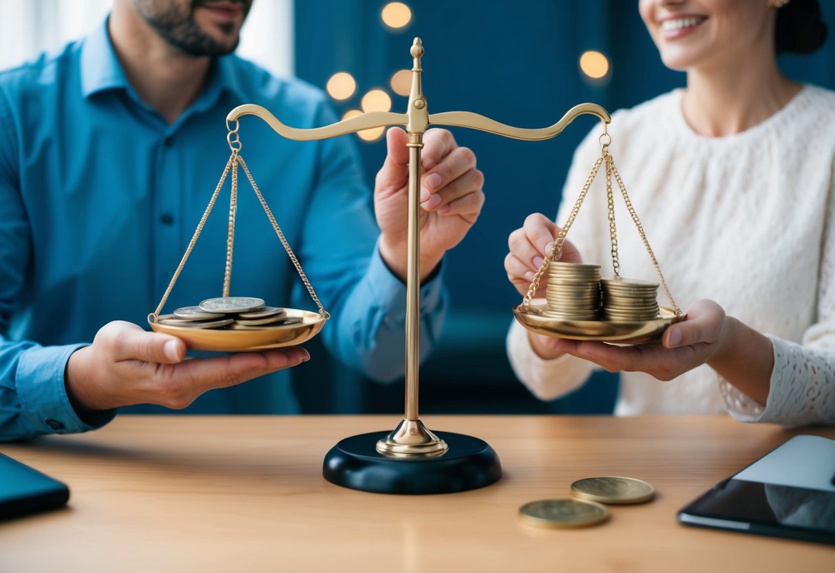 A couple dividing assets with a scale symbolizing fairness, one side filled with contributions and the other with needs after 30 years of marriage in the UK
