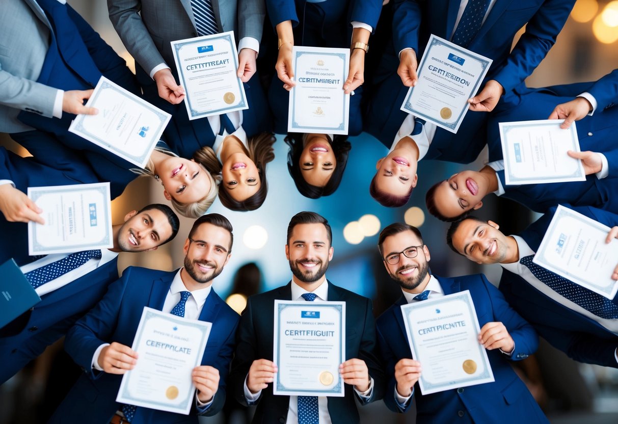 A group of event planning professionals holding various certification and skill development materials, such as diplomas, certificates, and training manuals
