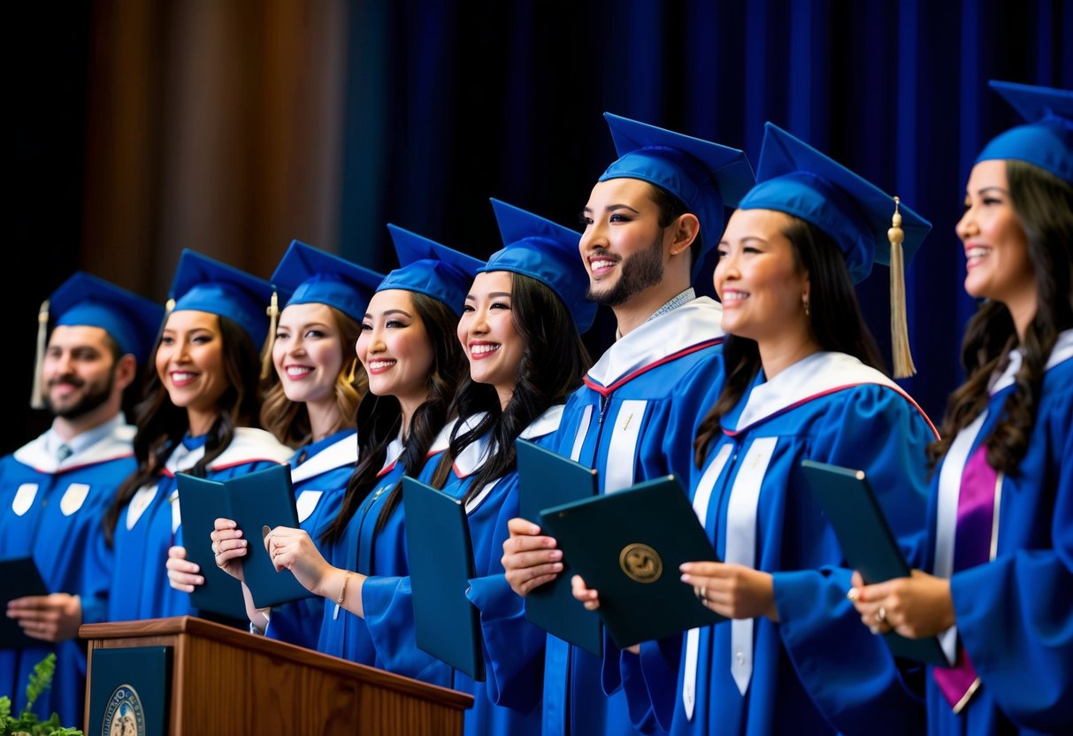 A group of graduates in cap and gown receiving their event planning degrees on stage at a university commencement ceremony