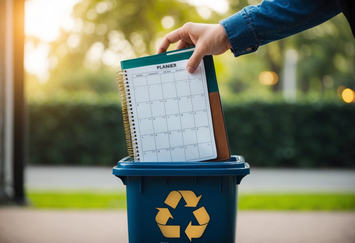 A hand placing an old planner into a recycling bin