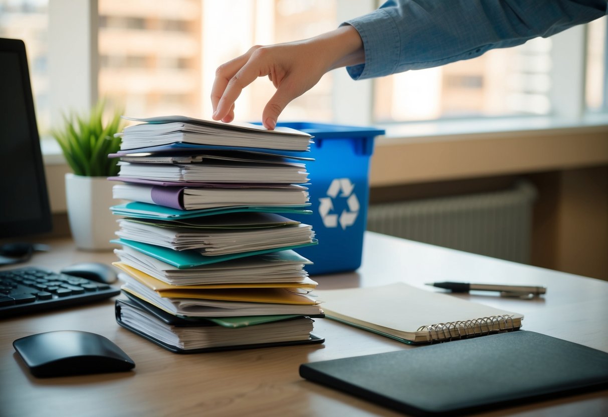 A stack of old planners sits on a cluttered desk. A hand reaches out, placing them in a recycling bin. The desk is now clear and organized