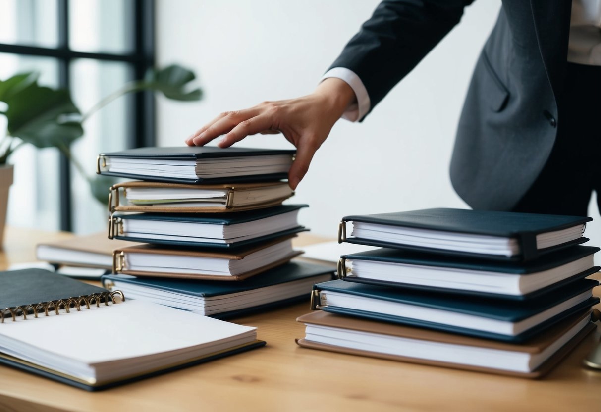 A stack of old planners sits on a desk, surrounded by new journals. A hand reaches for one of the old planners, hesitating before placing it on top of the new pile