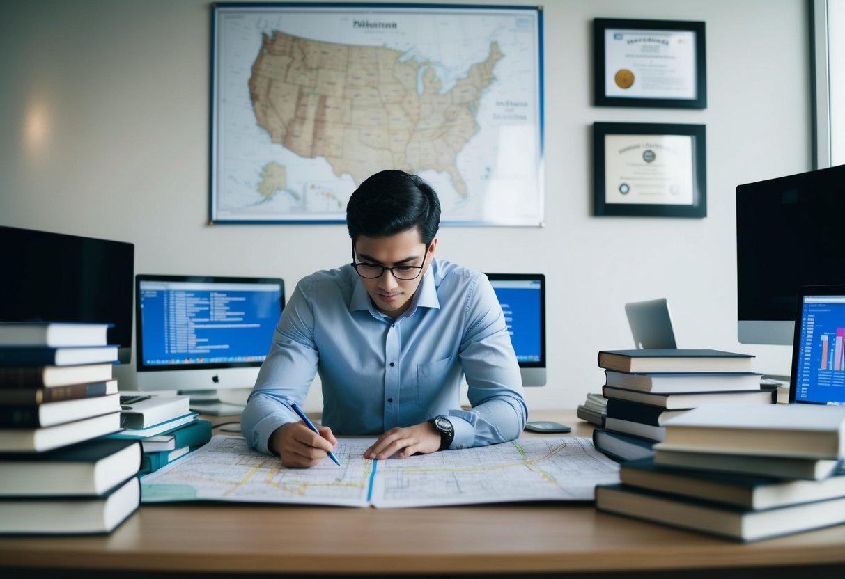 A person studying maps and urban blueprints, surrounded by books and computer screens, with a diploma and certification on the wall