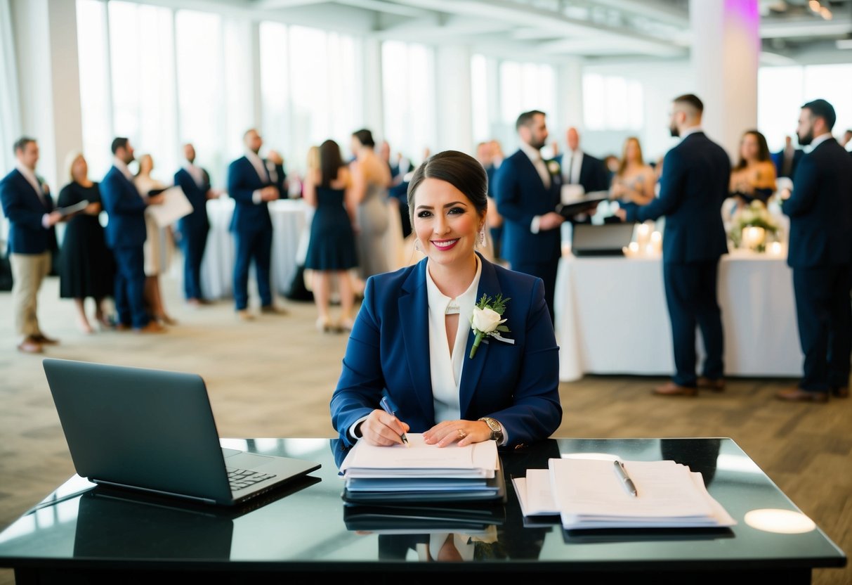 A wedding planner sits at a desk with a laptop and a stack of paperwork, while a wedding organizer stands in a bustling event space, coordinating with vendors and staff