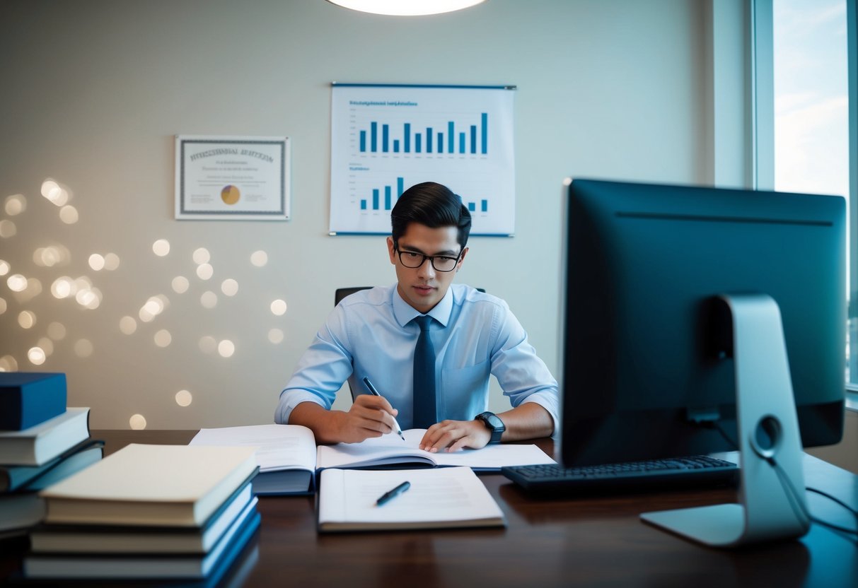 A person studying financial charts and graphs, surrounded by books and a computer, with a diploma on the wall