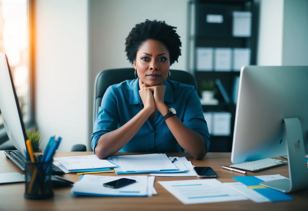 A person sitting at a desk, surrounded by papers, a computer, and various planning tools. They are deep in thought, with a determined expression on their face