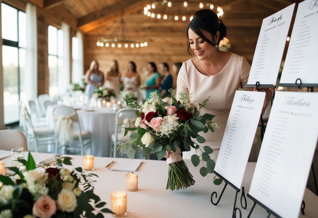 A wedding planner organizing seating charts and floral arrangements