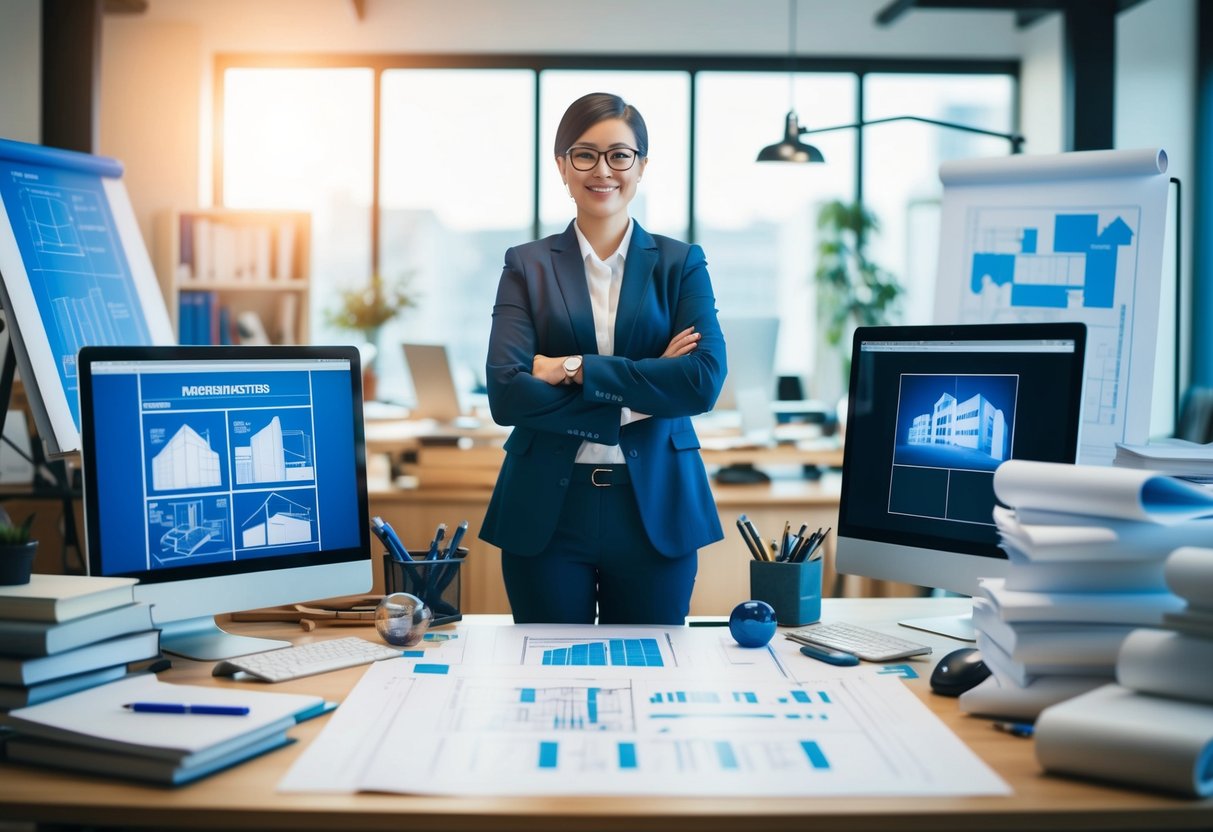 A person standing in front of a diverse array of blueprints, architectural models, and computer screens, surrounded by books and drafting tools