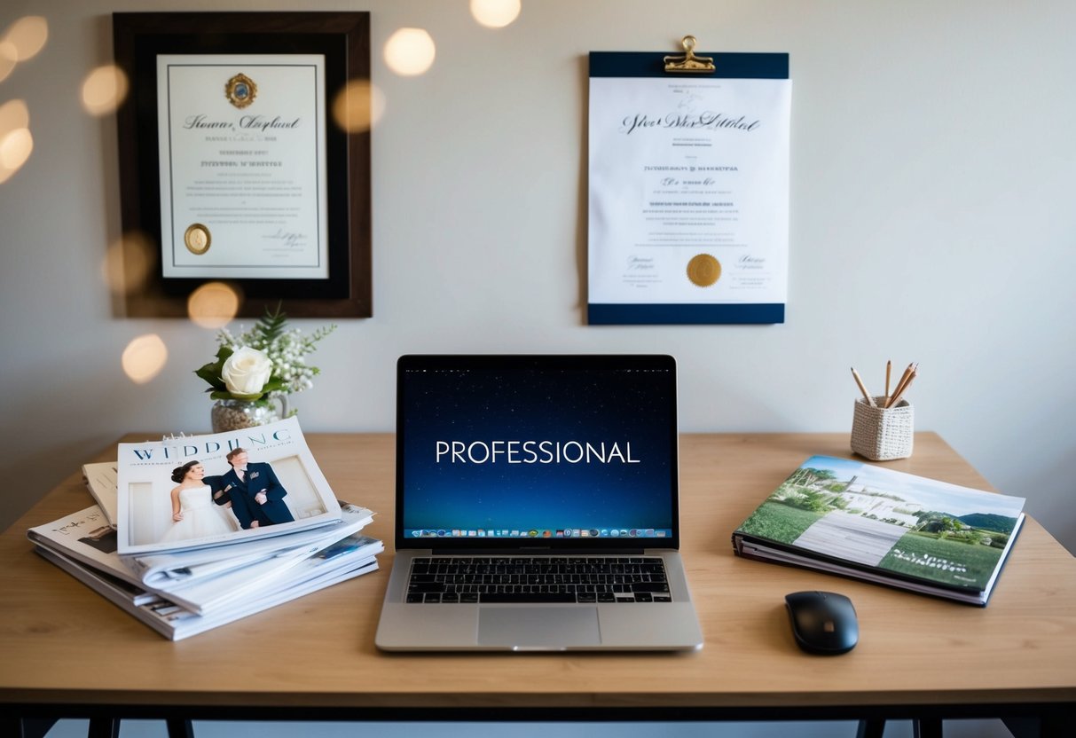 A desk with a laptop, wedding magazines, and a planner's notebook. A diploma and certification hanging on the wall