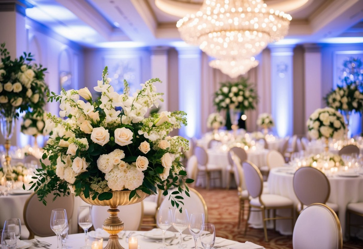A lavish wedding with ornate decor, elegant floral arrangements, and a grand reception venue