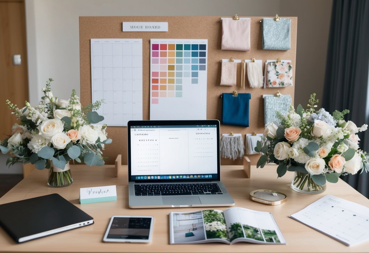 A wedding planner's desk with a laptop, calendar, and wedding magazines. A mood board with color swatches and fabric samples. Bouquets and decorative centerpieces on display