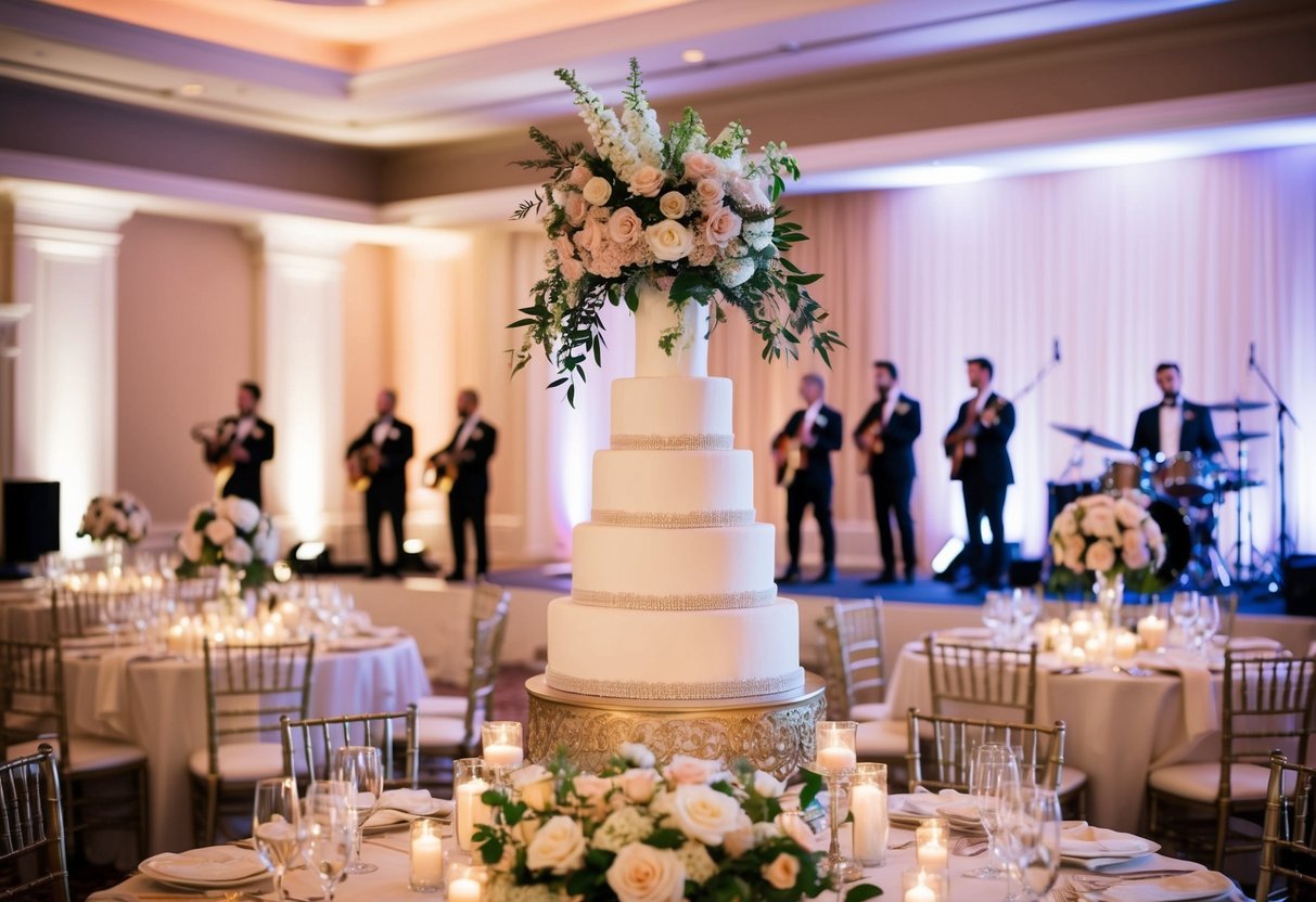 A lavish wedding reception with elegant floral centerpieces, a grand tiered cake, and a live band playing on a beautifully decorated stage
