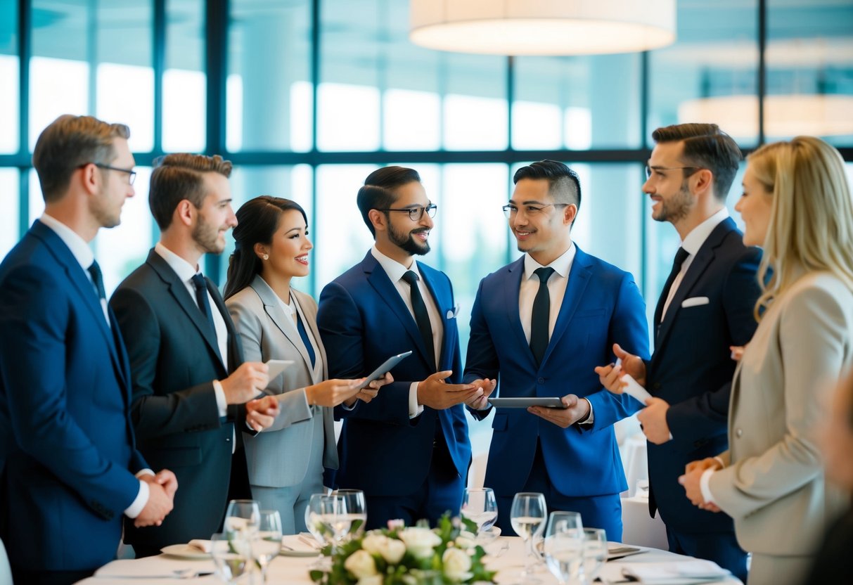 A group of professionals in formal attire networking at a wedding planning conference