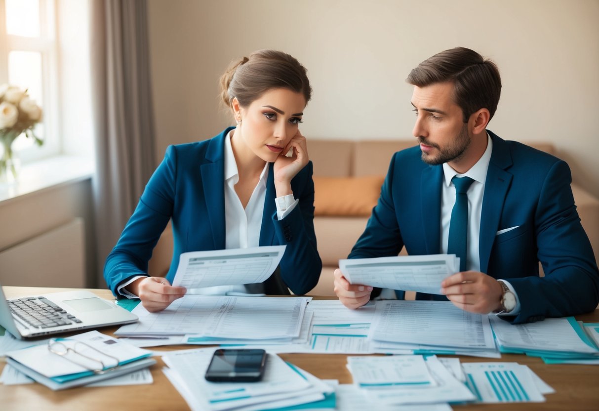 A couple sits at a table covered in spreadsheets and receipts, calculating wedding expenses. A look of concern on their faces as they discuss their budget