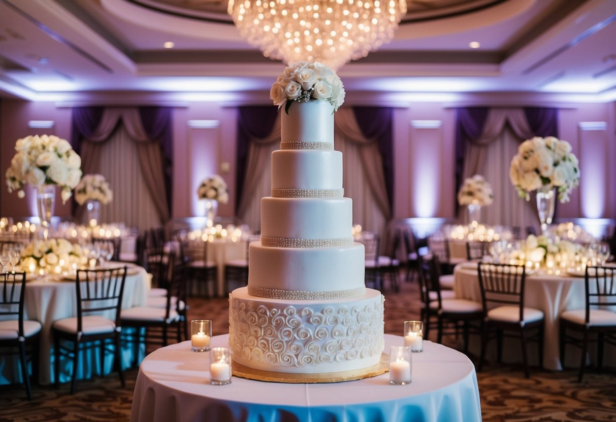 A lavish wedding reception with elegant decorations and a grand cake