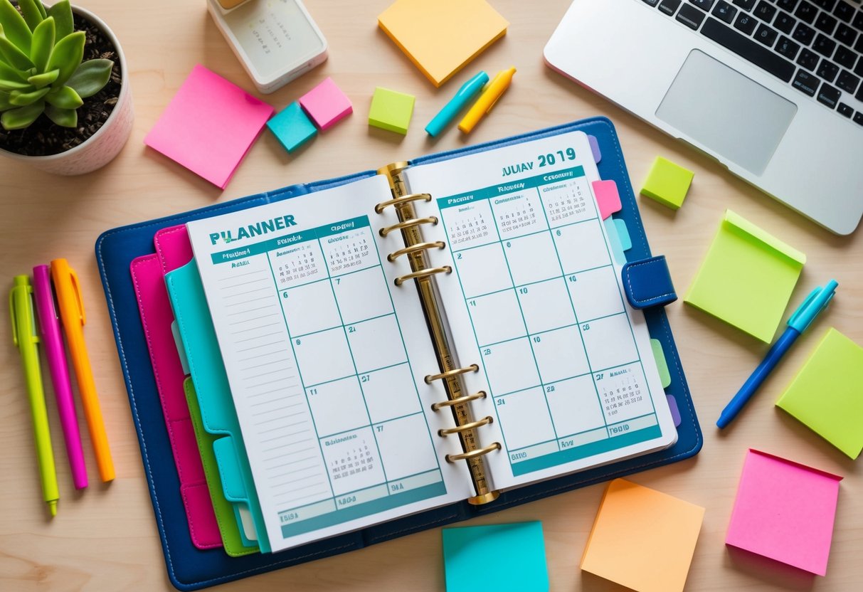 A desk with a planner open to a specific date, surrounded by colorful pens, sticky notes, and a laptop with a calendar app open