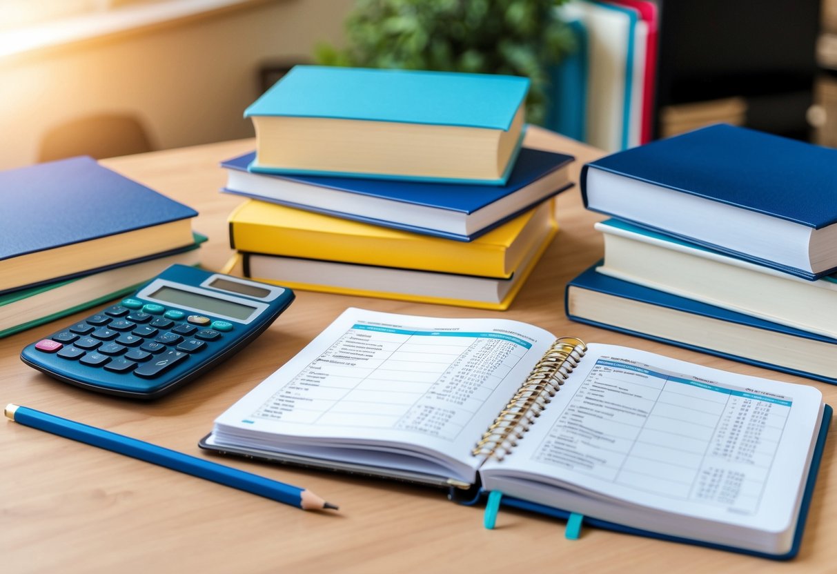 Several textbooks and notebooks scattered on a desk, with a calculator and pencil case. An open planner shows a schedule with various subjects