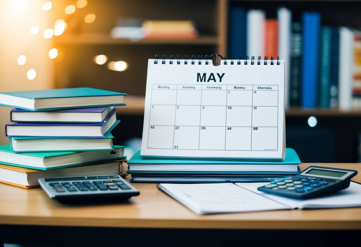 A desk with a stack of textbooks, notebooks, and a calculator. A calendar showing the month of May with several dates circled