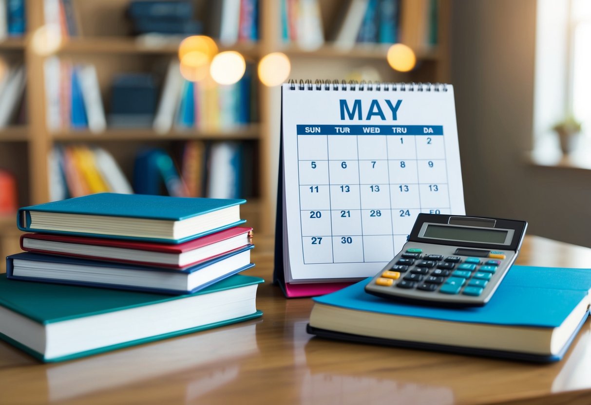 A desk with a stack of textbooks, notebooks, and a calculator. A calendar shows the month of May with exam dates circled
