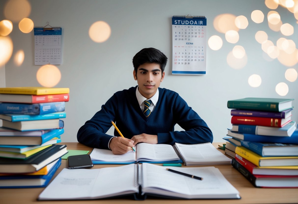 A student sits at a desk surrounded by textbooks and notes, studying for their GCSE exams. A calendar on the wall marks the approach of the end of the school year