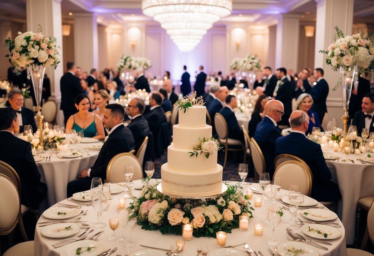 A festive wedding banquet for 40 guests at an elegant venue, with tables adorned with flowers and candles, and a grand cake as the centerpiece