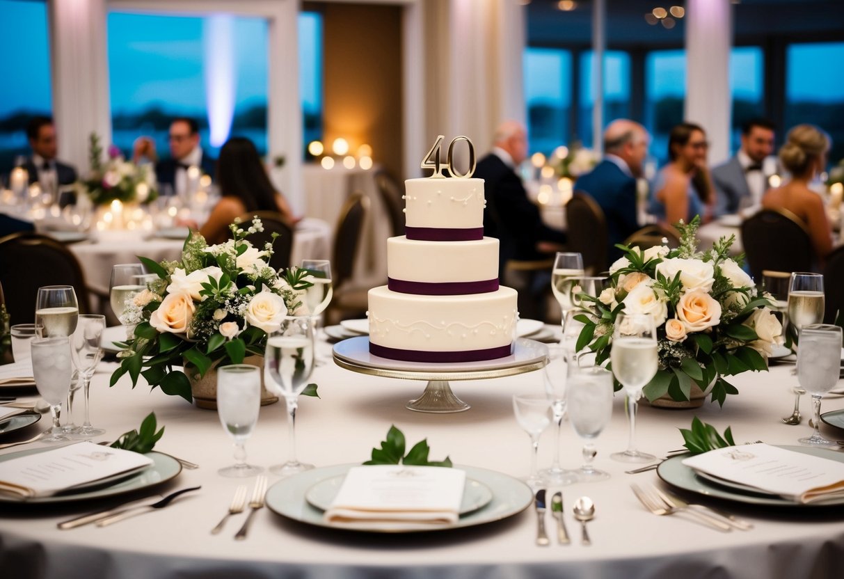 A table set for 40 guests with elegant place settings, floral centerpieces, and a wedding cake on display
