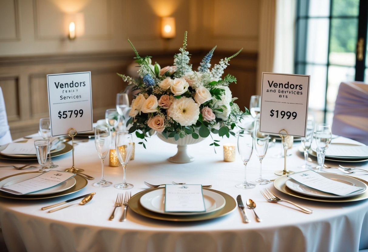 A table with elegant place settings, floral centerpieces, and a wedding cake. Vendors and services are displayed with price tags and quotes