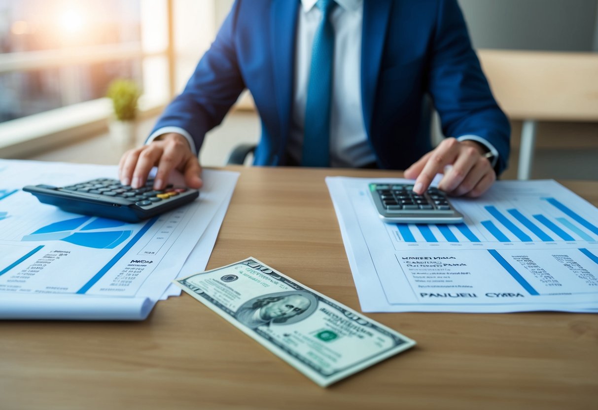 A 4D planner sits at a desk, surrounded by blueprints and a computer screen, calculating and analyzing data. A paycheck sits on the desk, indicating payment